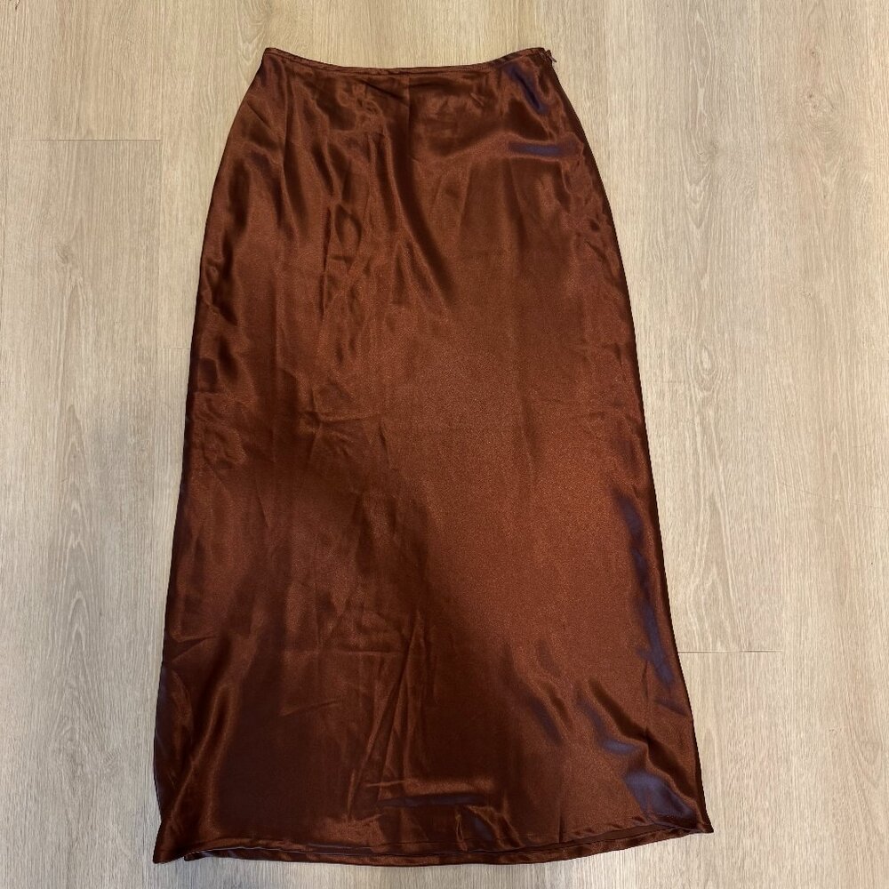 Brown Silk Satin Midi Skirt Low Rise Lined Handmade Vietnam Size S Minimalist